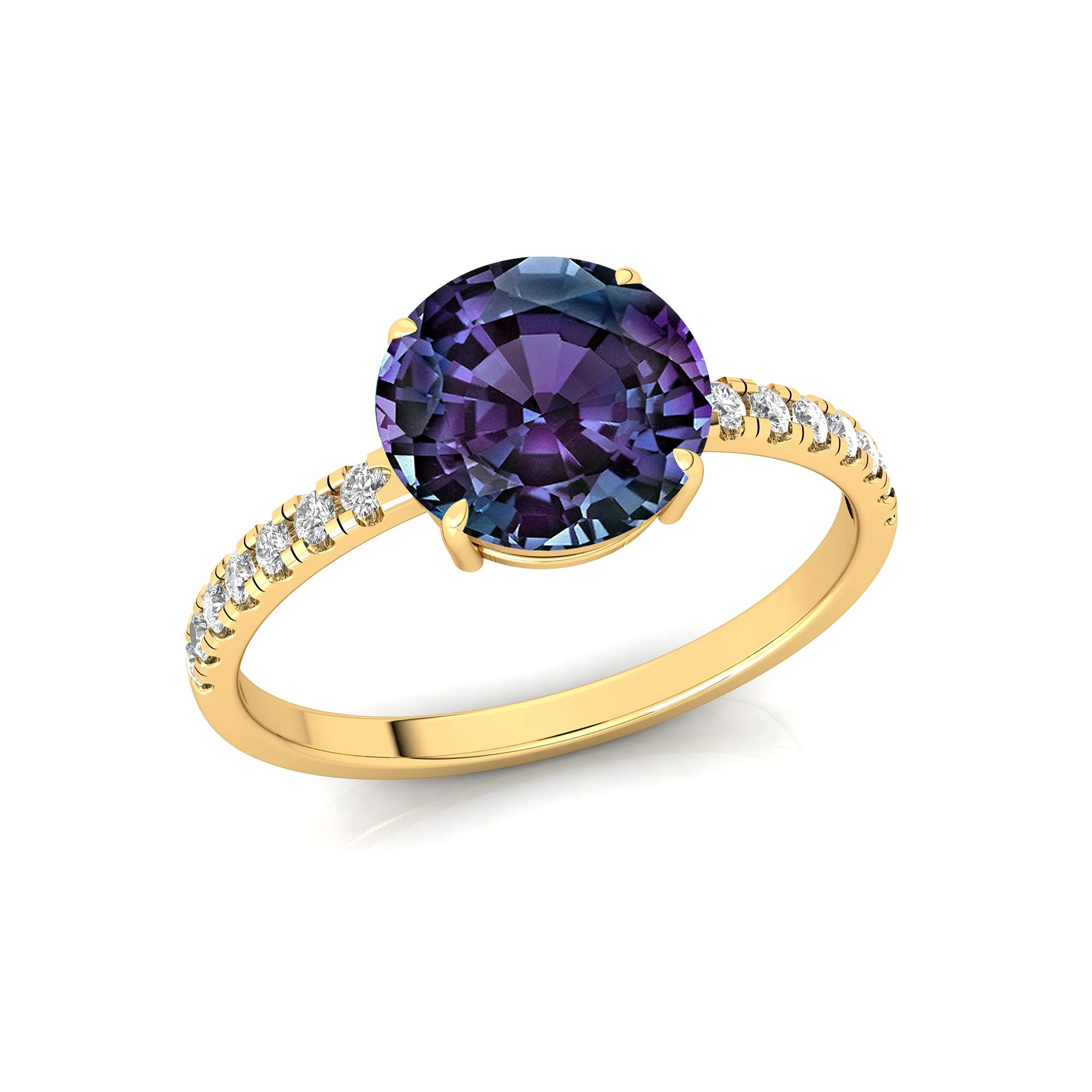 Classic Six Prong Round Solitaire Alexandrite Ring with Accent Diamond Band - GeumJewels