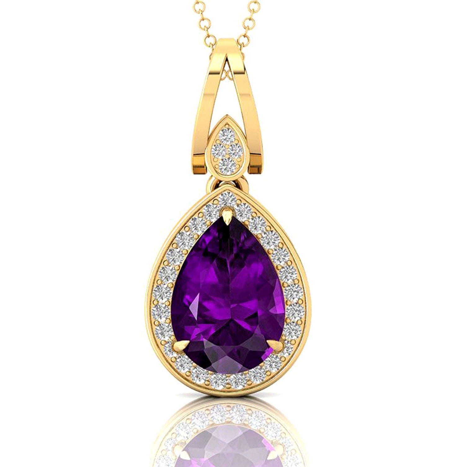 Classic Teardrop Shaped Amethyst Halo Diamond Dangle Pendant - GeumJewels