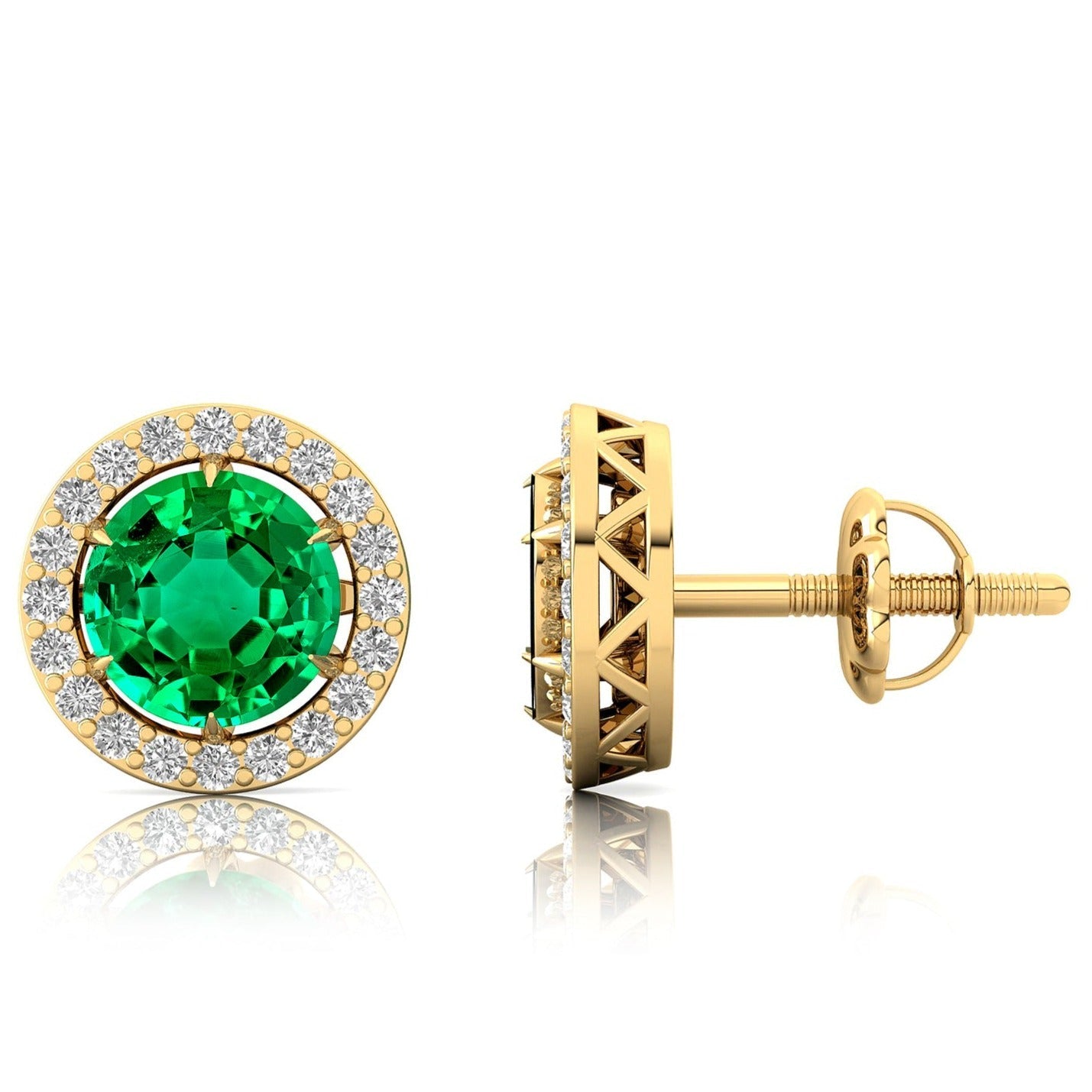 Round Solitaire Emerald Halo Diamond Stud Earrings - GeumJewels