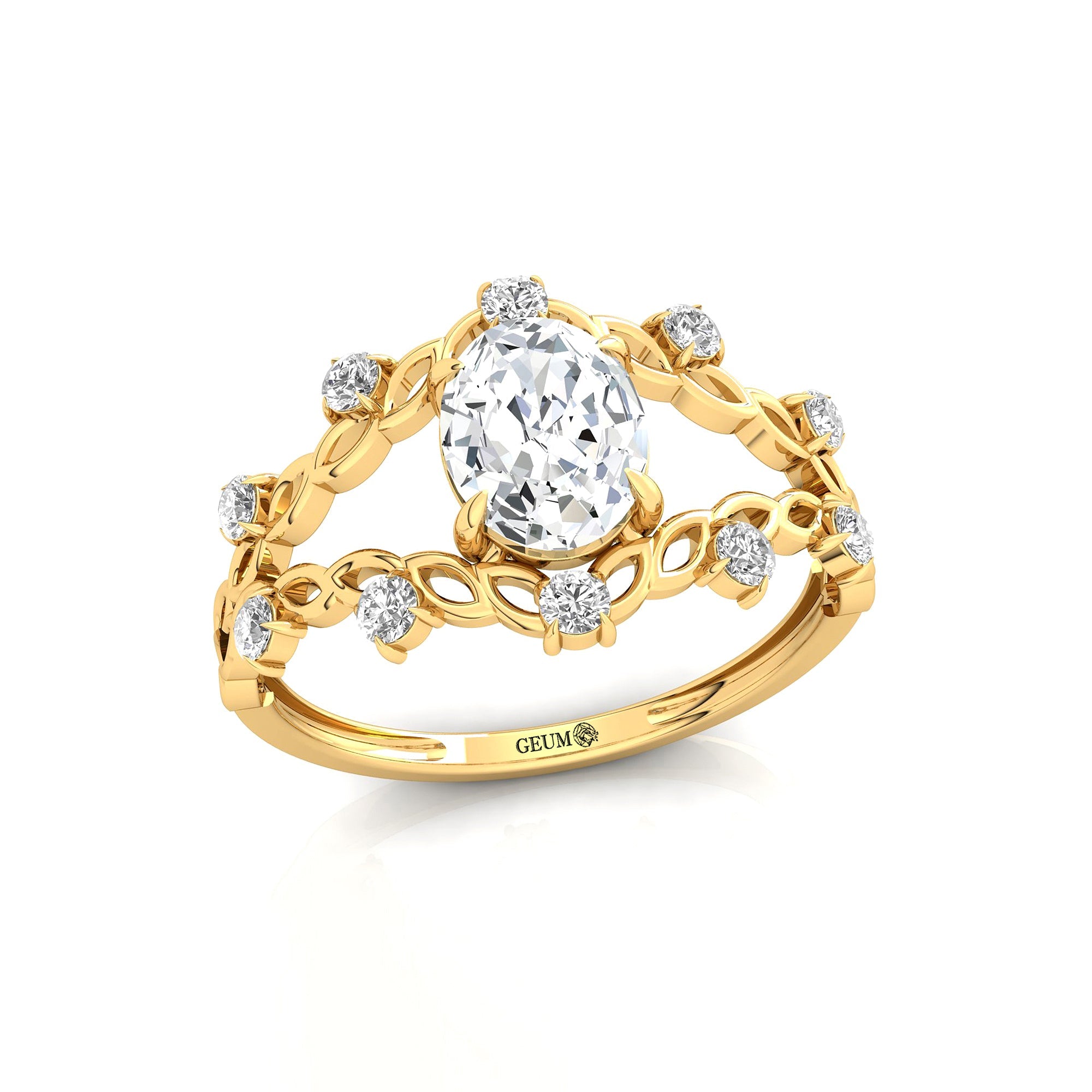 Flower Inspired Ring with Oval Shaped Lab Diamond and Accent Diamonds - GeumJewels