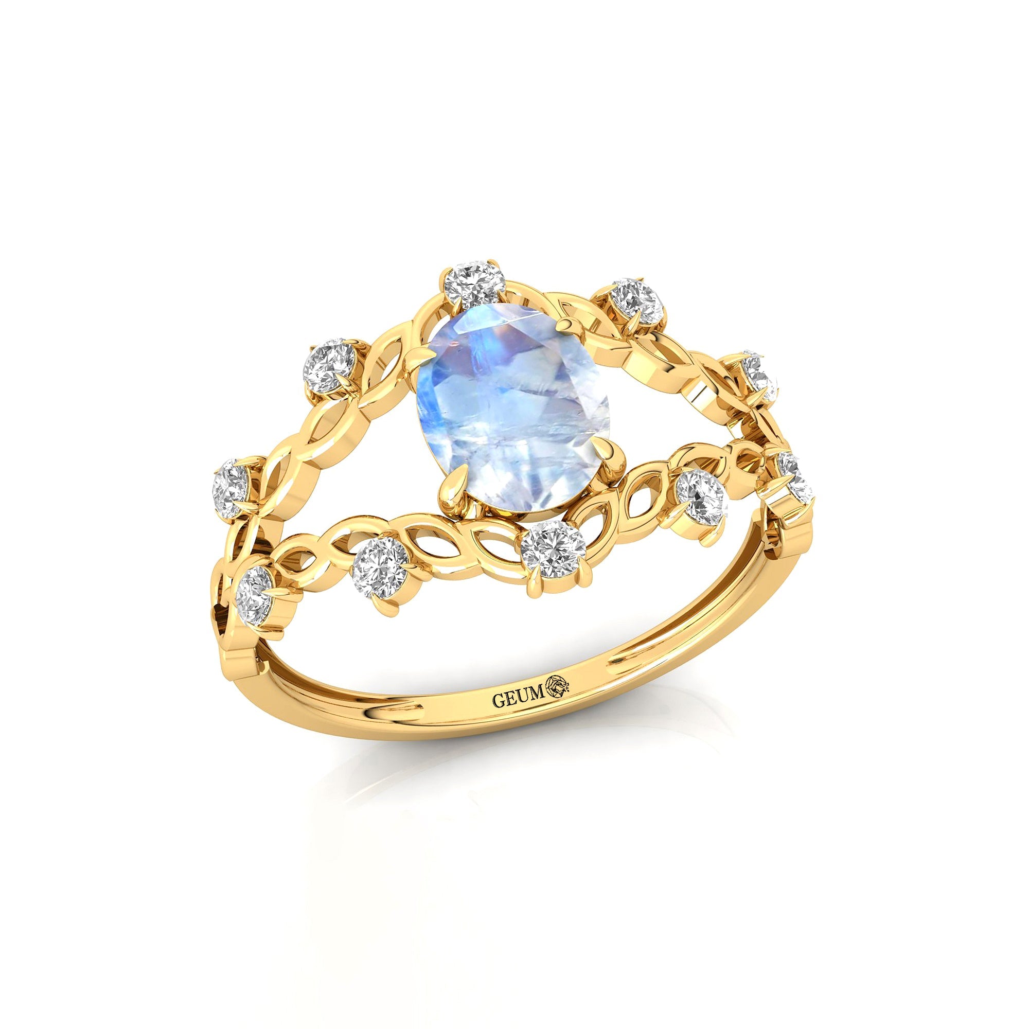 Flower Inspired Ring with Oval Shaped Moonstone and Accent Diamonds - GeumJewels
