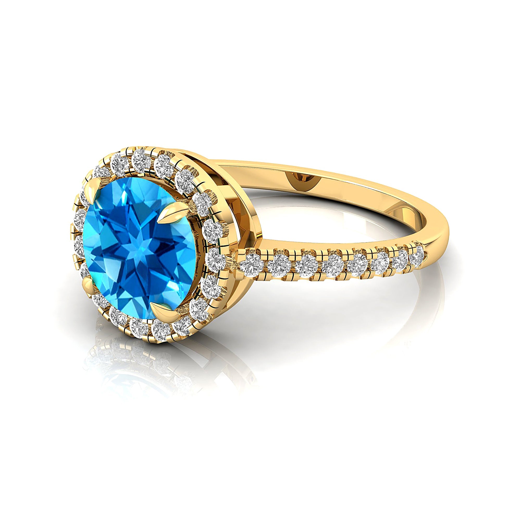 Classic Round Halo Diamonds with Solitaire Swiss Blue Topaz Engagement Ring - GeumJewels