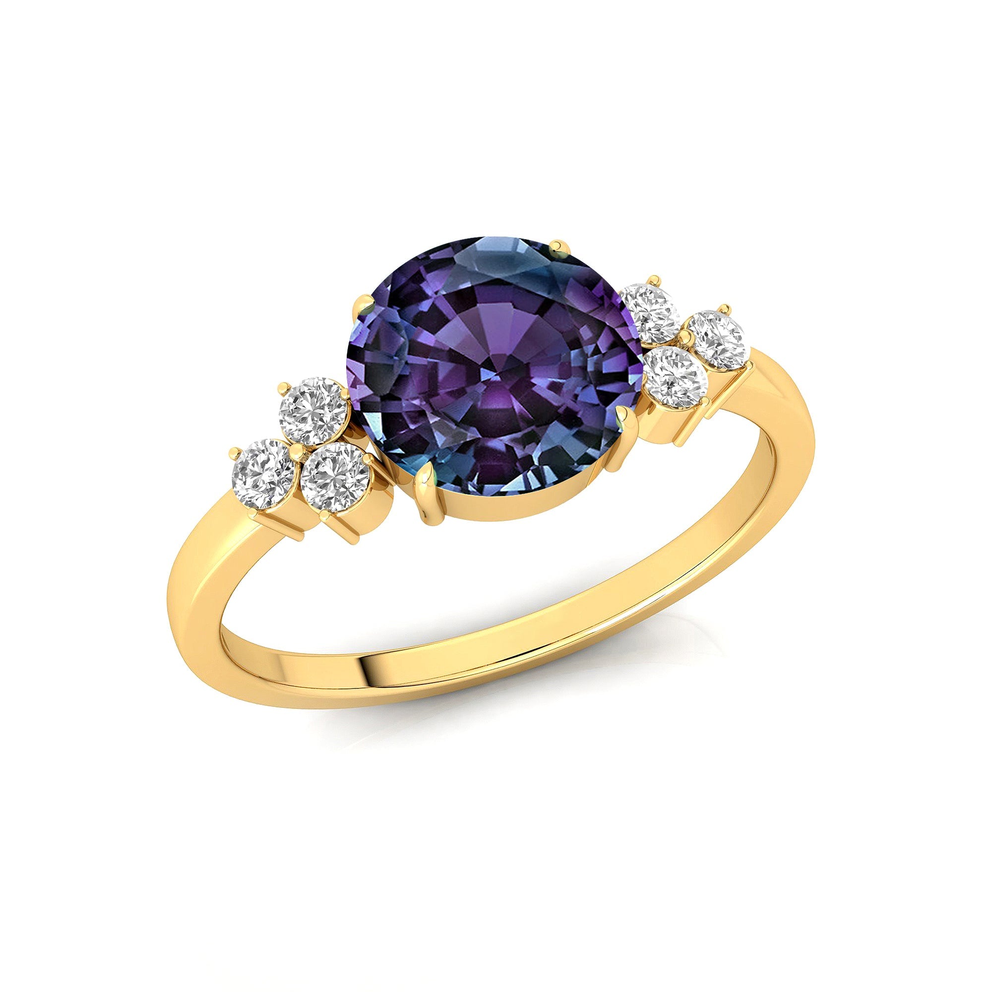 Trio Diamond Engagement Ring with Round Solitaire Alexandrite - GeumJewels