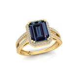 Halo Set Emerald Shaped Alexandrite Split Shank Ring with Accent Diamonds - GeumJewels