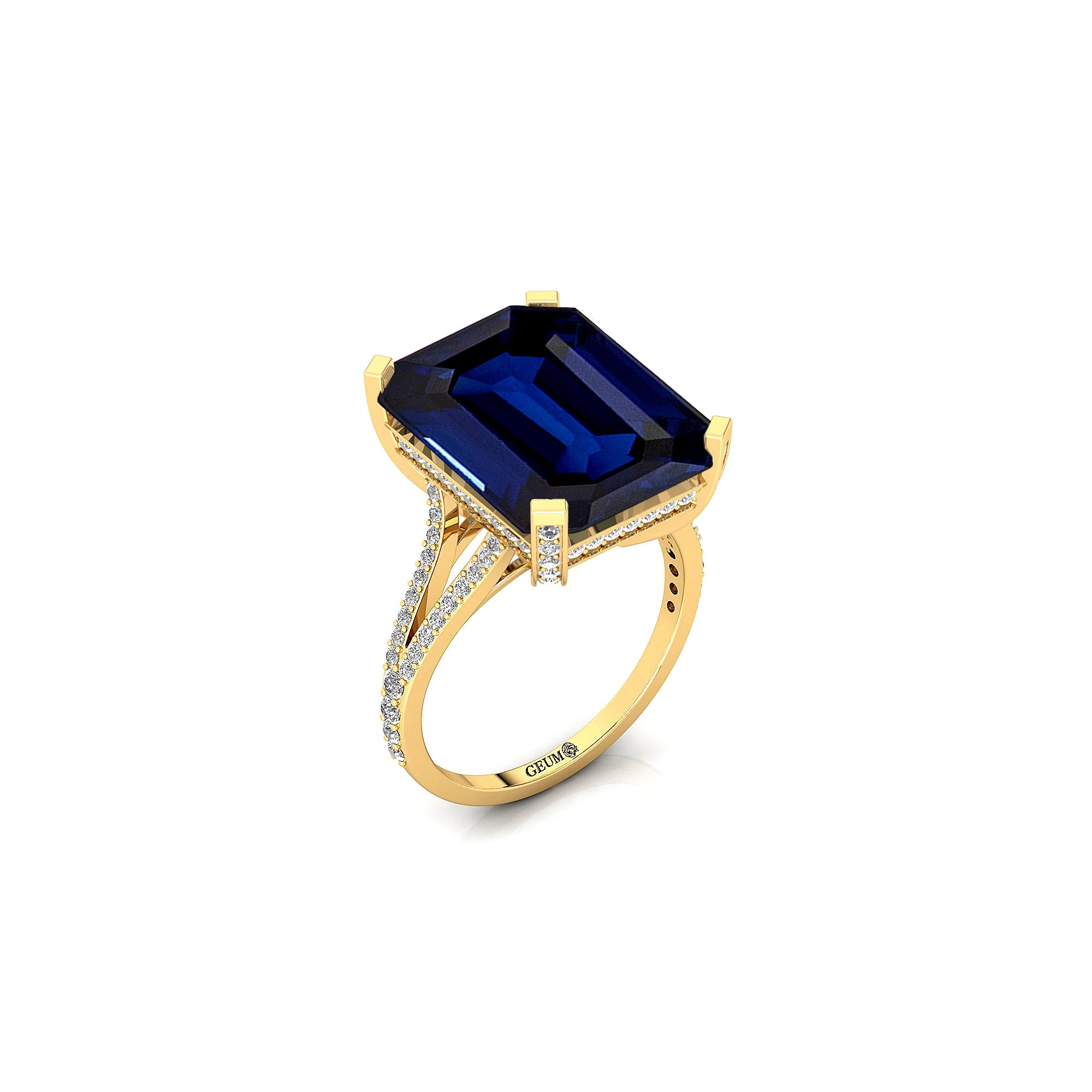 Emerald Cut Blue Sapphire Split Shank Engagement Ring with Diamonds - GeumJewels