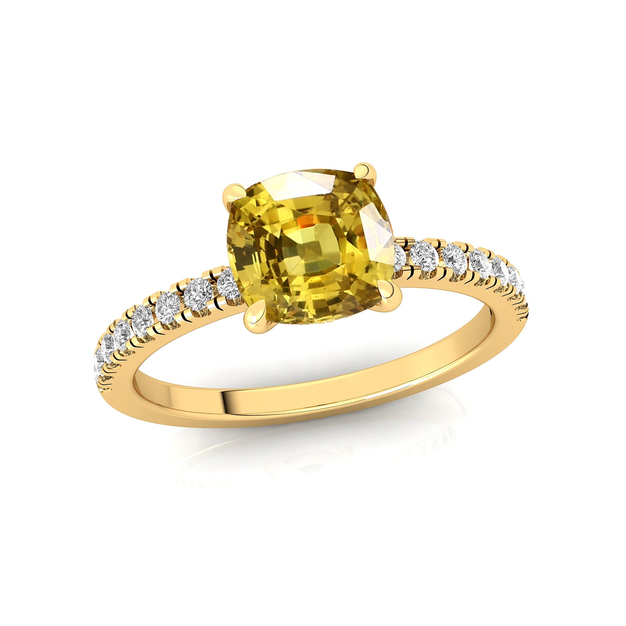Yellow Sapphire Square Cushion Under Halo Diamonds Thin Ring with Diamond Band - GeumJewels
