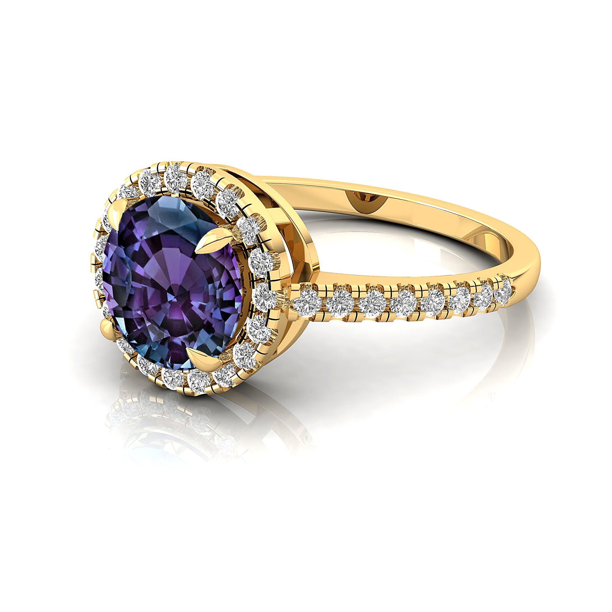 Classic Round Halo Diamonds with Solitaire Alexandrite Engagement Ring - GeumJewels