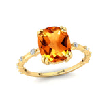 Cushion Cut Citrine Engagement Ring with Distant Diamond Band - GeumJewels