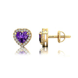 Heart Shaped Amethyst Halo Diamond Stud Earrings - GeumJewels