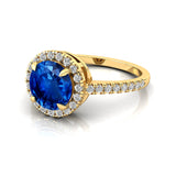 Classic Round Halo Diamonds with Solitaire Blue Sapphire Engagement Ring - GeumJewels