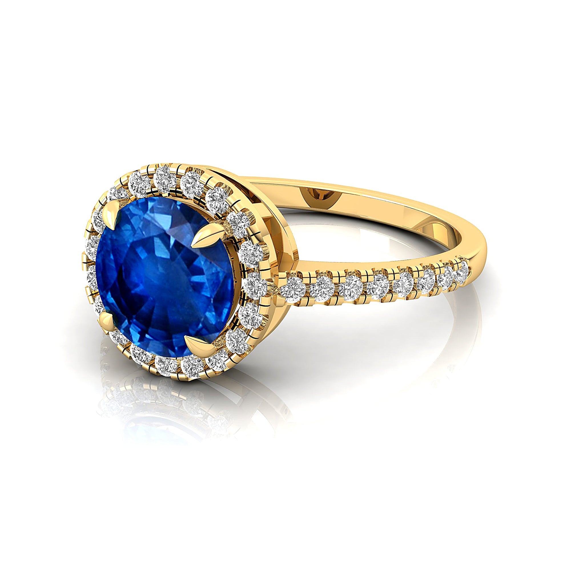 Classic Round Halo Diamonds with Solitaire Blue Sapphire Engagement Ring - GeumJewels
