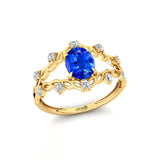 Flower Inspired Ring with Oval Shaped Blue Sapphire and Accent Diamonds - GeumJewels