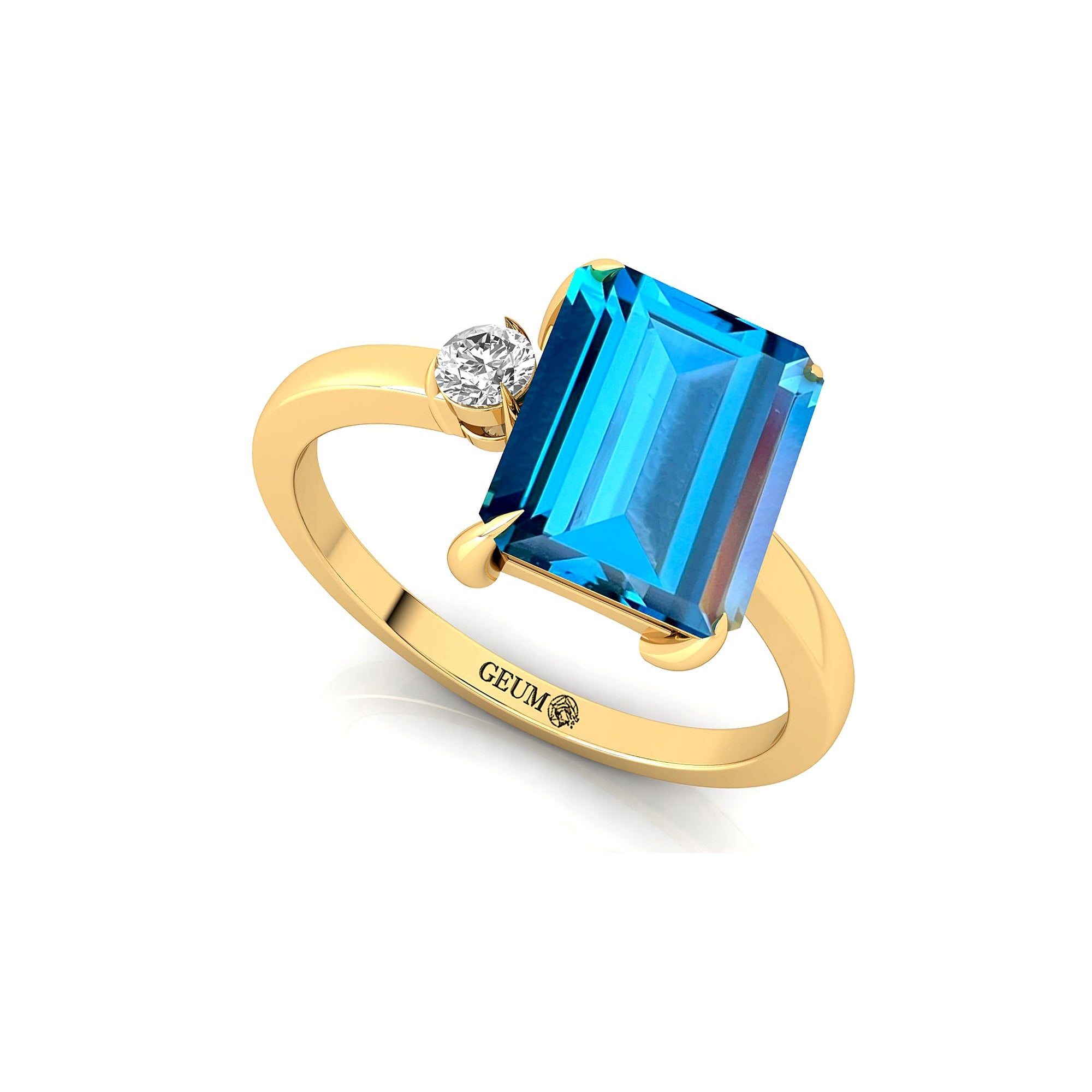 Emerald Shaped London Blue Topaz with 3mm Accent Solitaire Engagement Ring - GeumJewels