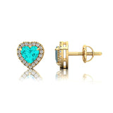 Heart Shaped Paraiba Tourmaline Halo Diamond Stud Earrings - GeumJewels