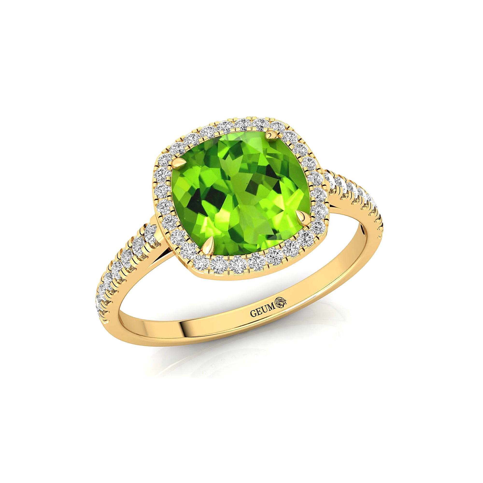 Halo Diamond Engagement Ring with Cushion Cut Peridot - GeumJewels