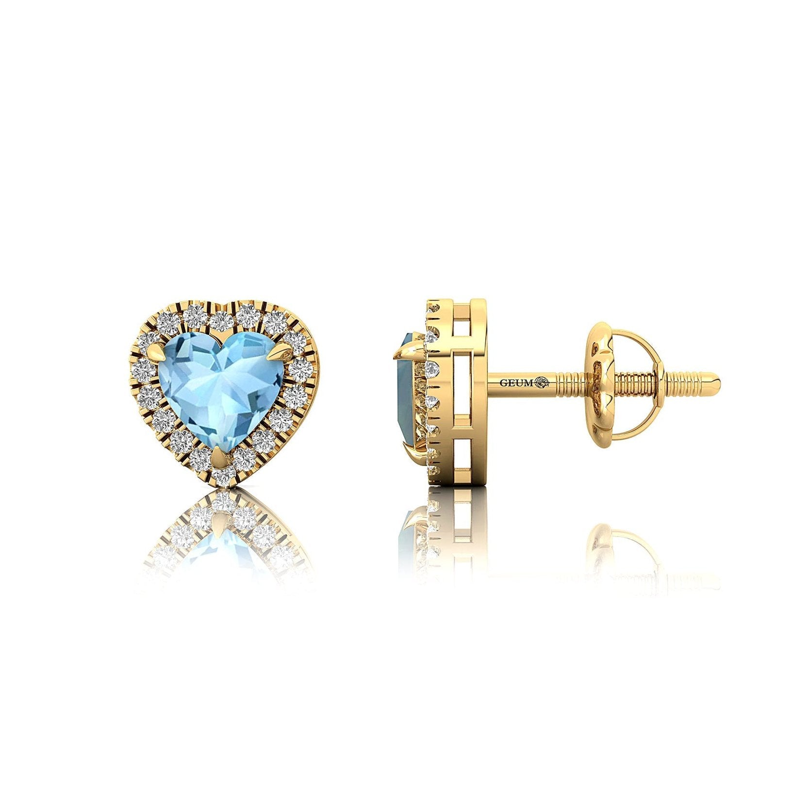 Heart Shaped Aquamarine Halo Diamond Stud Earrings - GeumJewels