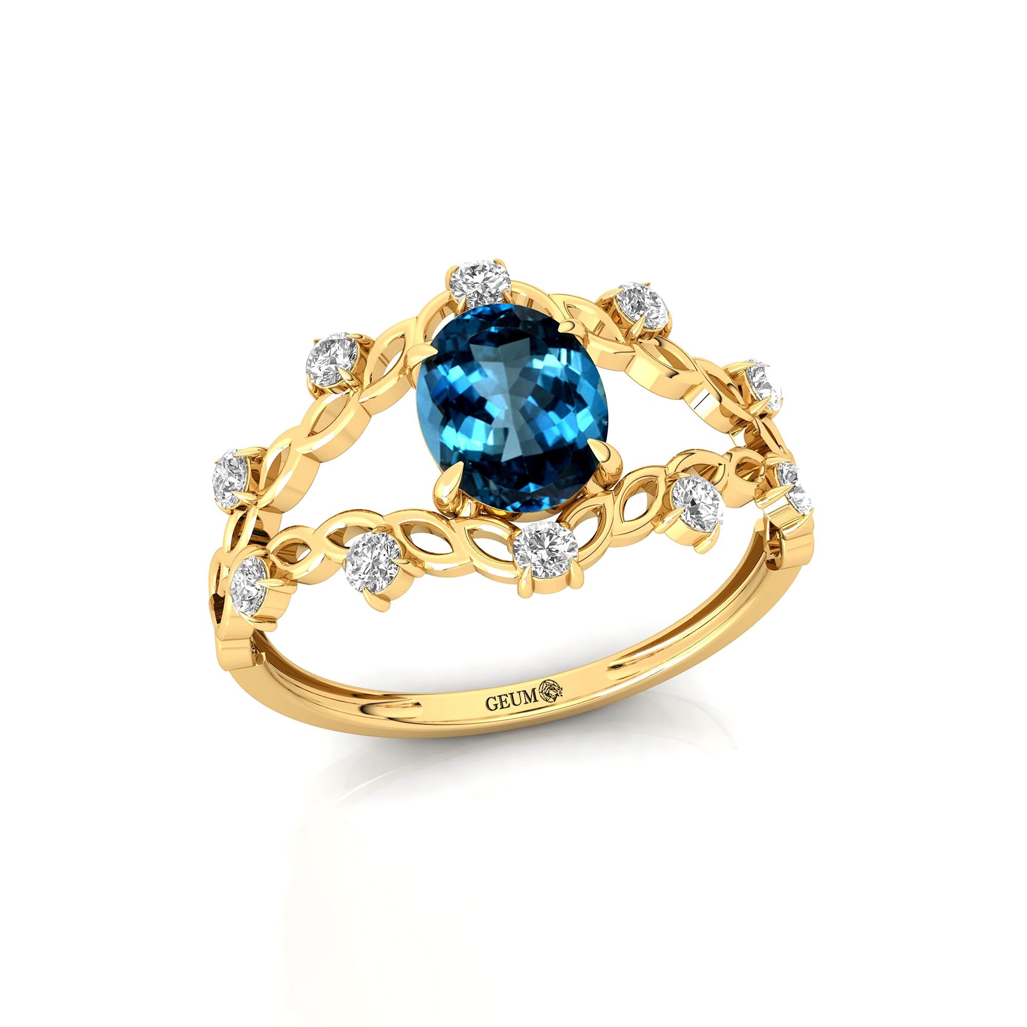 Flower Inspired Ring with Oval Shaped London Blue Topaz and Accent Diamonds - GeumJewels