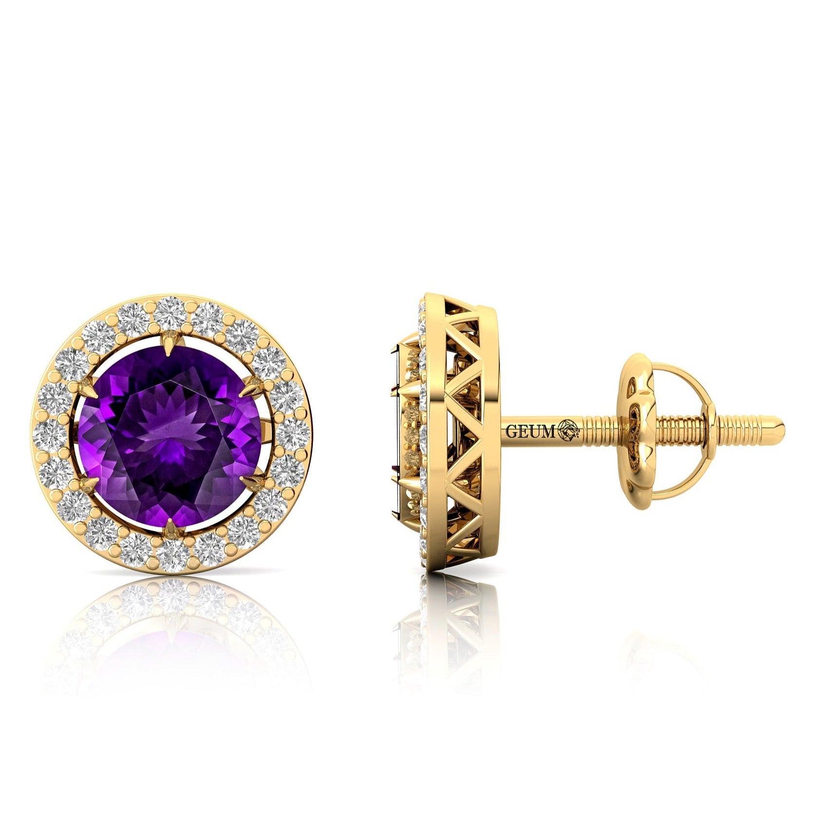Round Solitaire Amethyst Halo Diamond Stud Earrings - GeumJewels