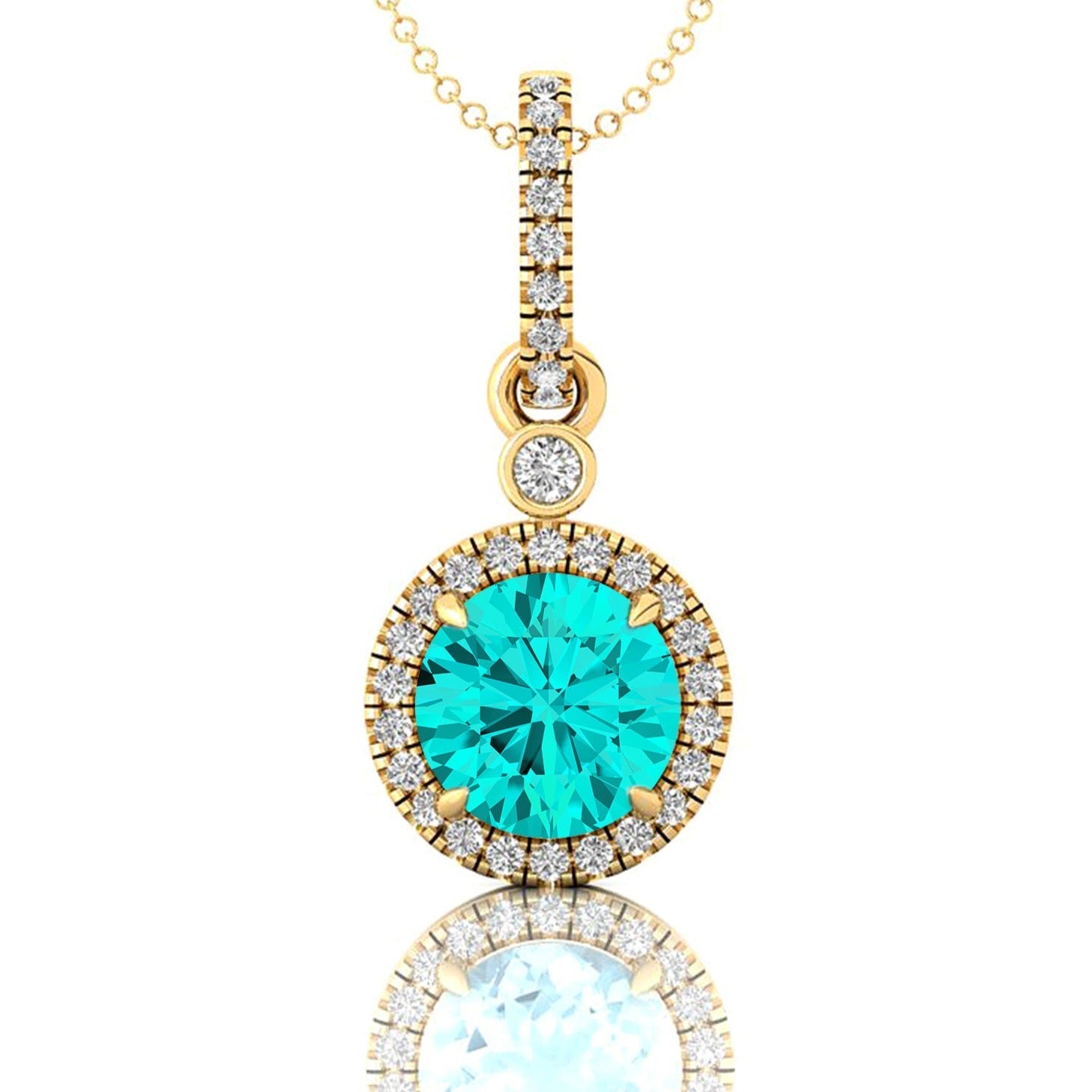 Classic Solitaire Round Paraiba Tourmaline Halo Diamond Dangle Pendant - GeumJewels