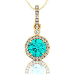 Classic Solitaire Round Paraiba Tourmaline Halo Diamond Dangle Pendant - GeumJewels