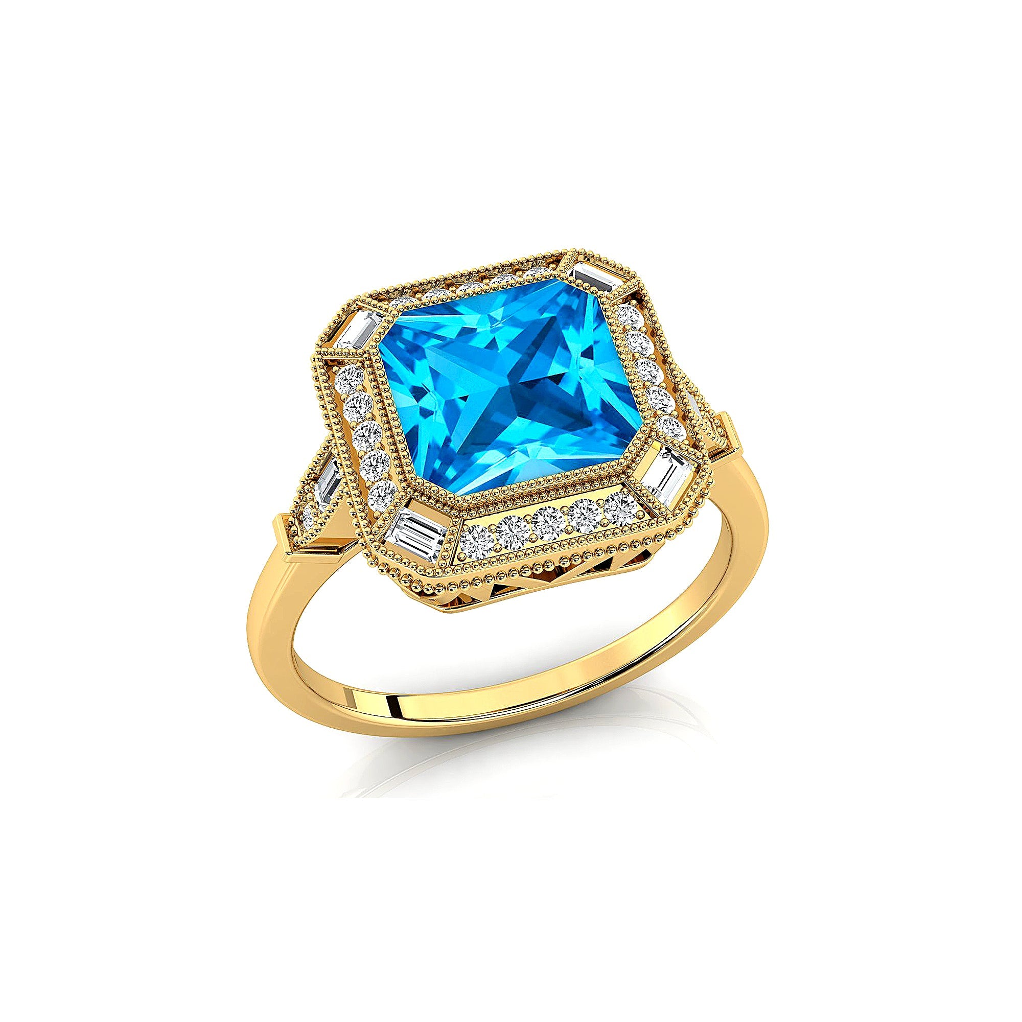 Vintage Style Square Cut Swiss Blue Topaz Diamond Ring - GeumJewels