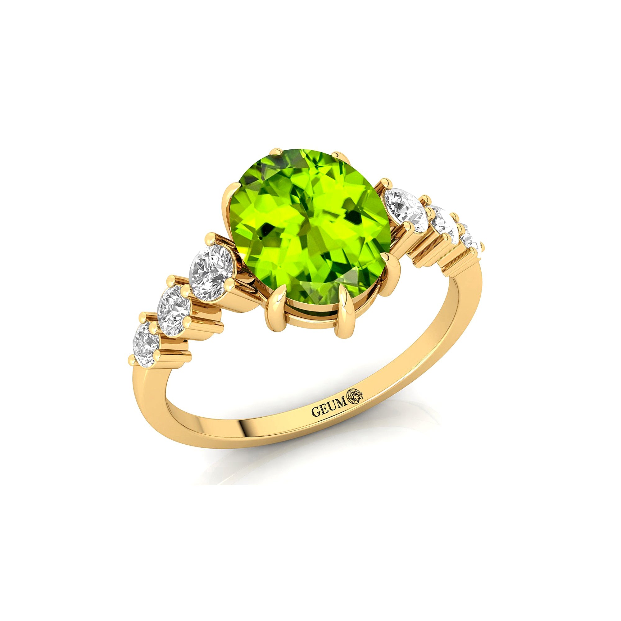 Oval Cut Peridot with Graduated Diamonds Ring - GeumJewels