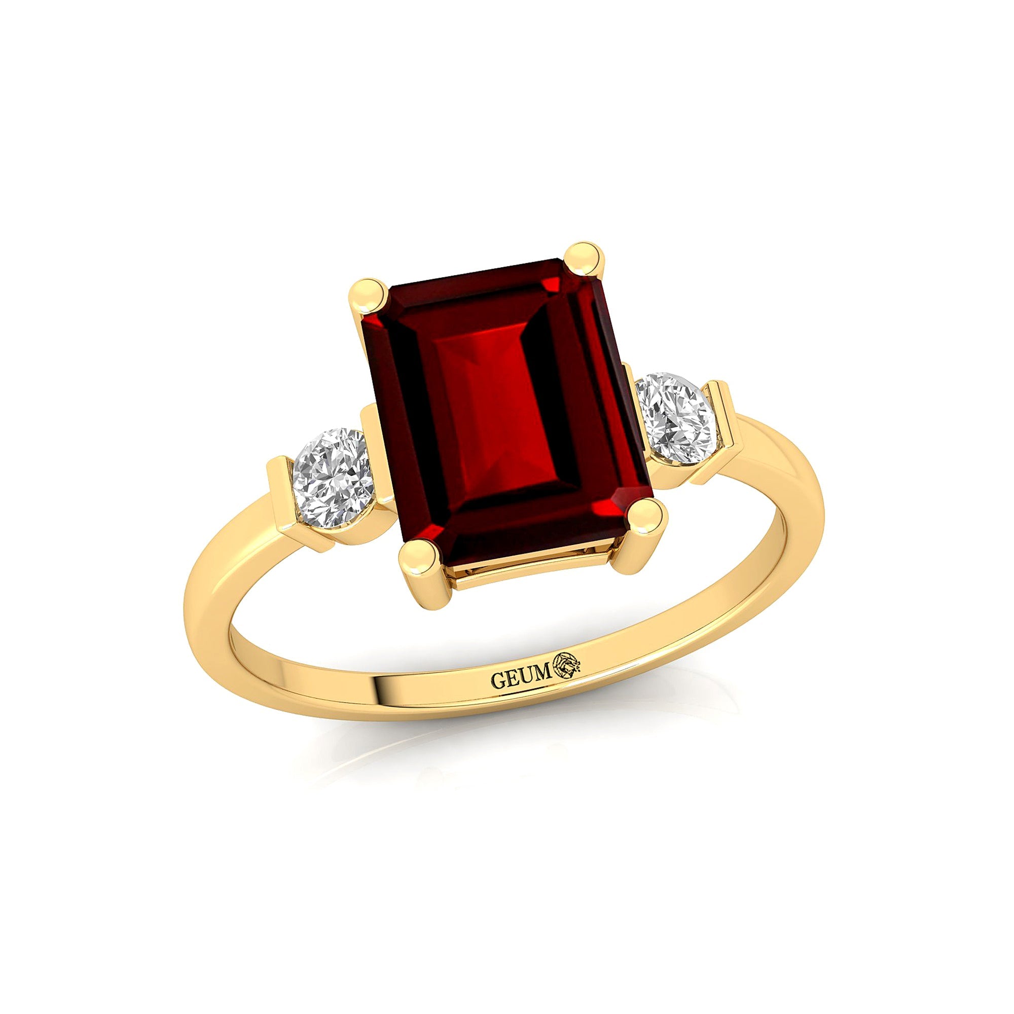 Emerald Cut Garnet and Diamond Three Stone Ring - GeumJewels
