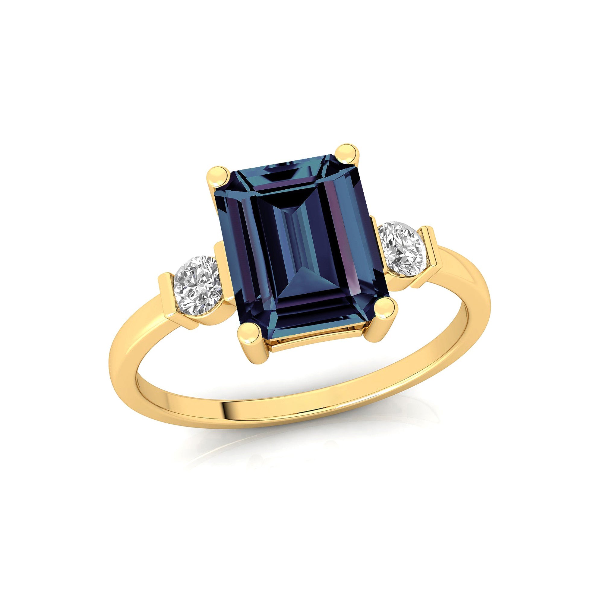 Emerald Cut Alexandrite and Diamond Three Stone Ring - GeumJewels