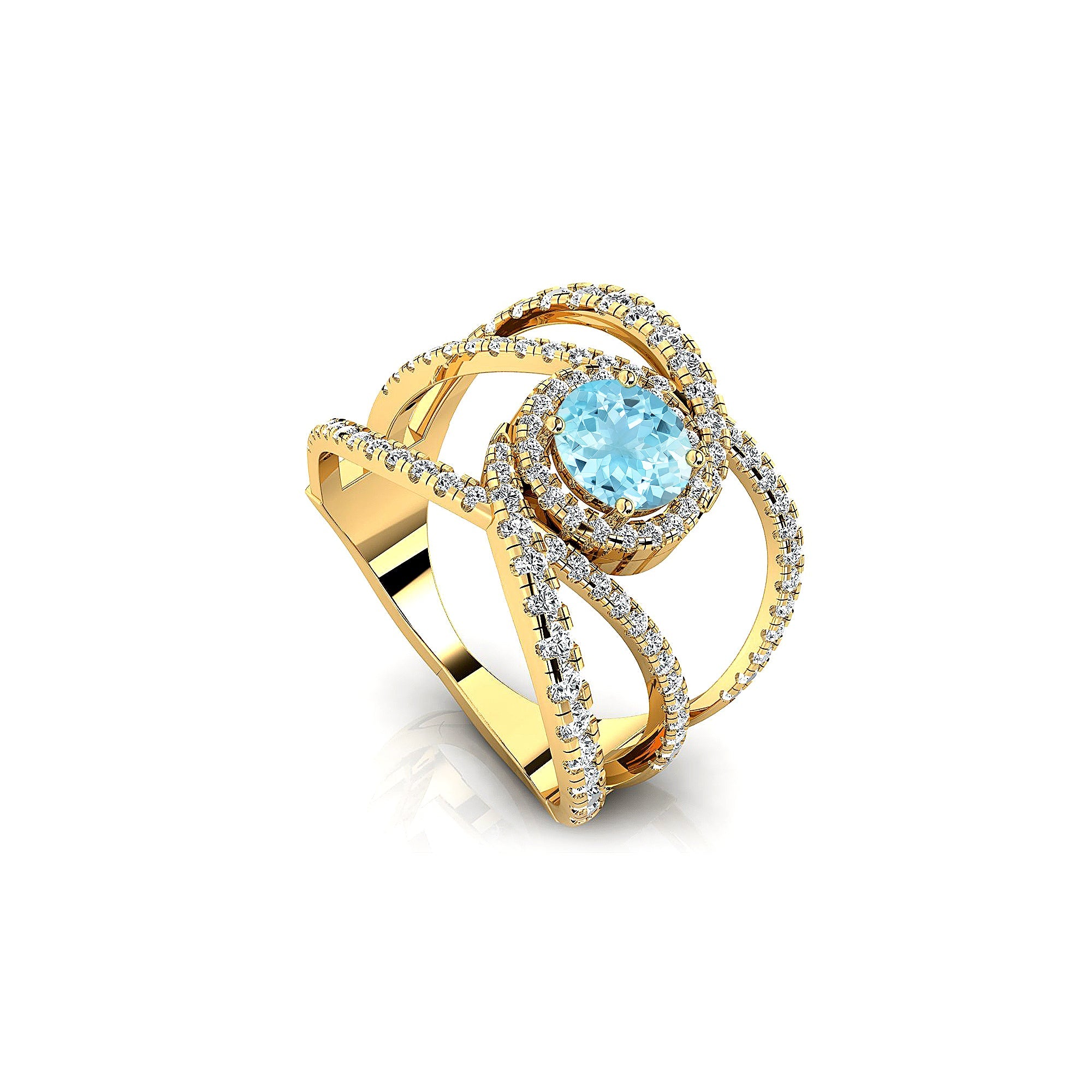 Solitaire Round Aquamarine Cocktail Diamond Ring - GeumJewels