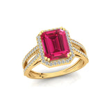 Halo Set Emerald Shaped Pink Sapphire Split Shank Ring with Accent Diamonds - GeumJewels