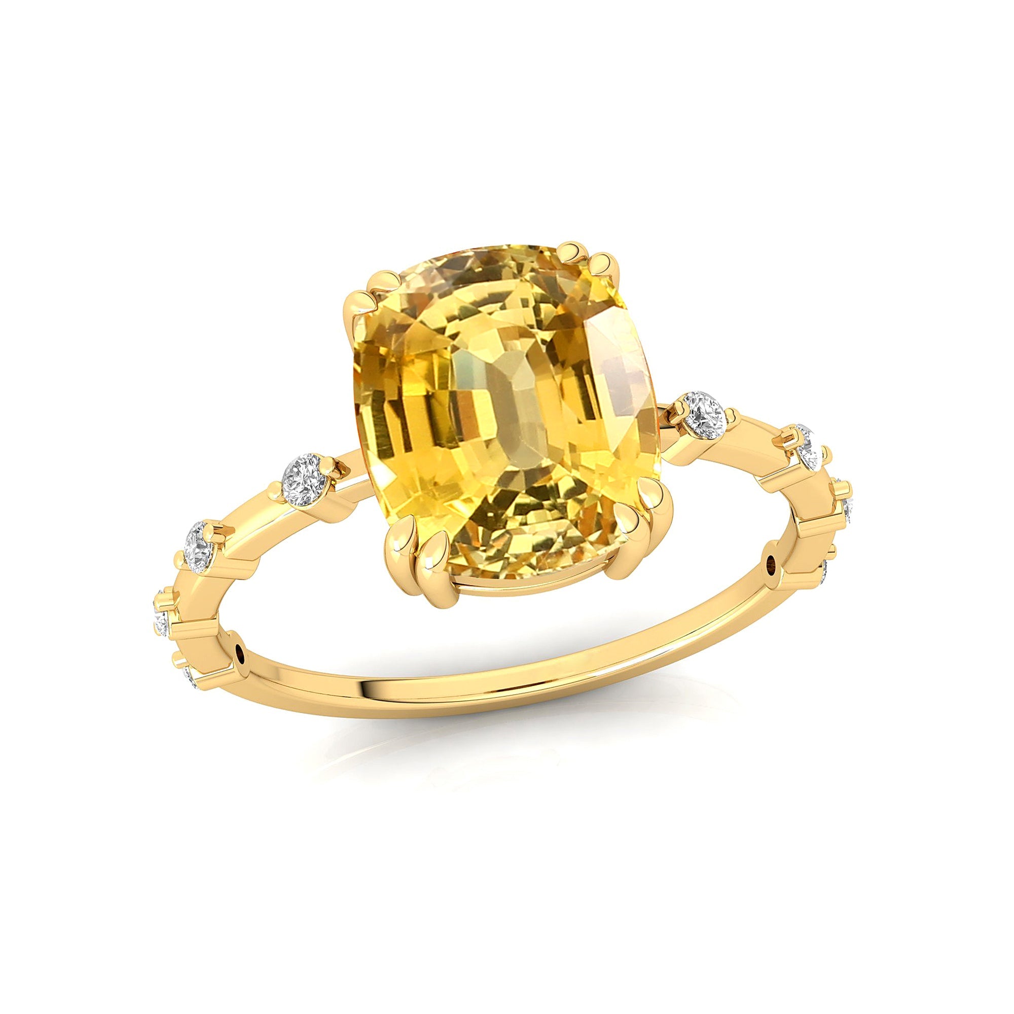 Cushion Cut Yellow Sapphire Engagement Ring with Distant Diamond Band - GeumJewels