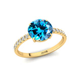 Classic Six Prong Round Solitaire London Blue Topaz Ring with Accent Diamond Band - GeumJewels