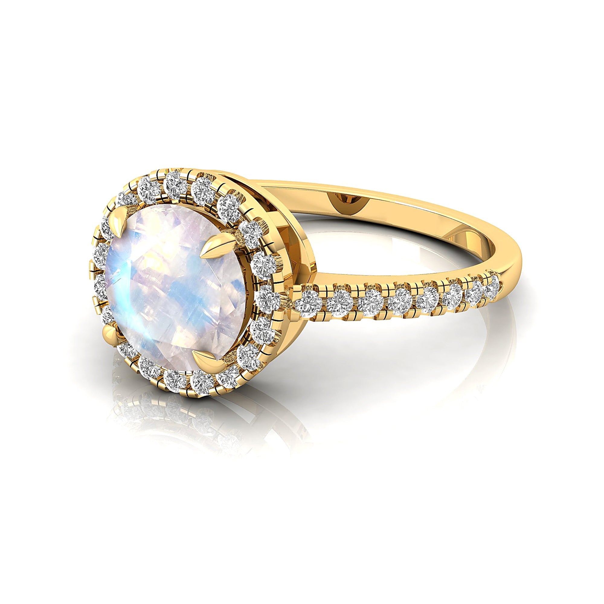 Classic Round Halo Diamonds with Solitaire Moonstone Engagement Ring - GeumJewels