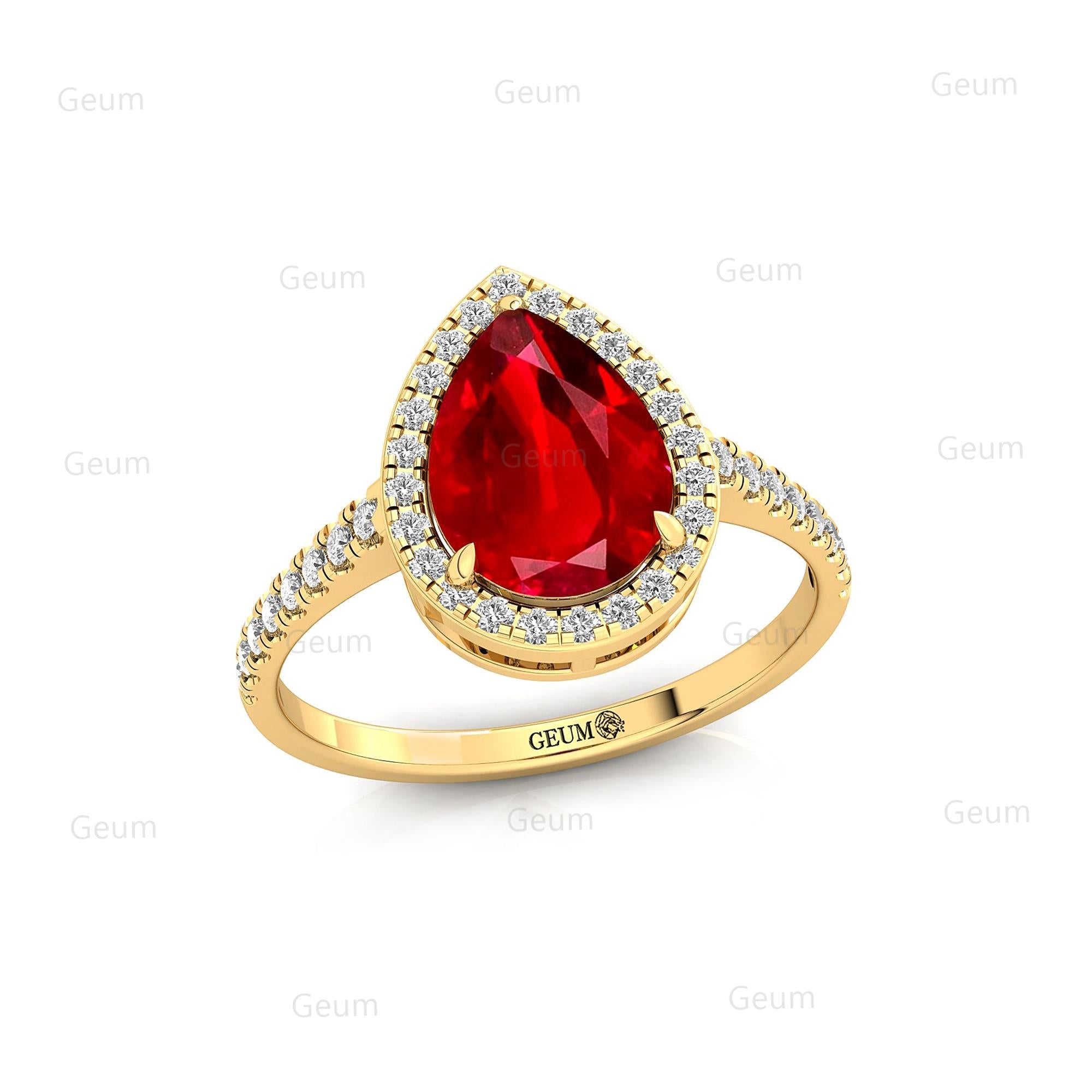 Classic Pear Shaped Ruby Halo Diamond Engagement Ring - GeumJewels