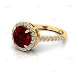 Classic Round Halo Diamonds with Solitaire Ruby Engagement Ring - GeumJewels
