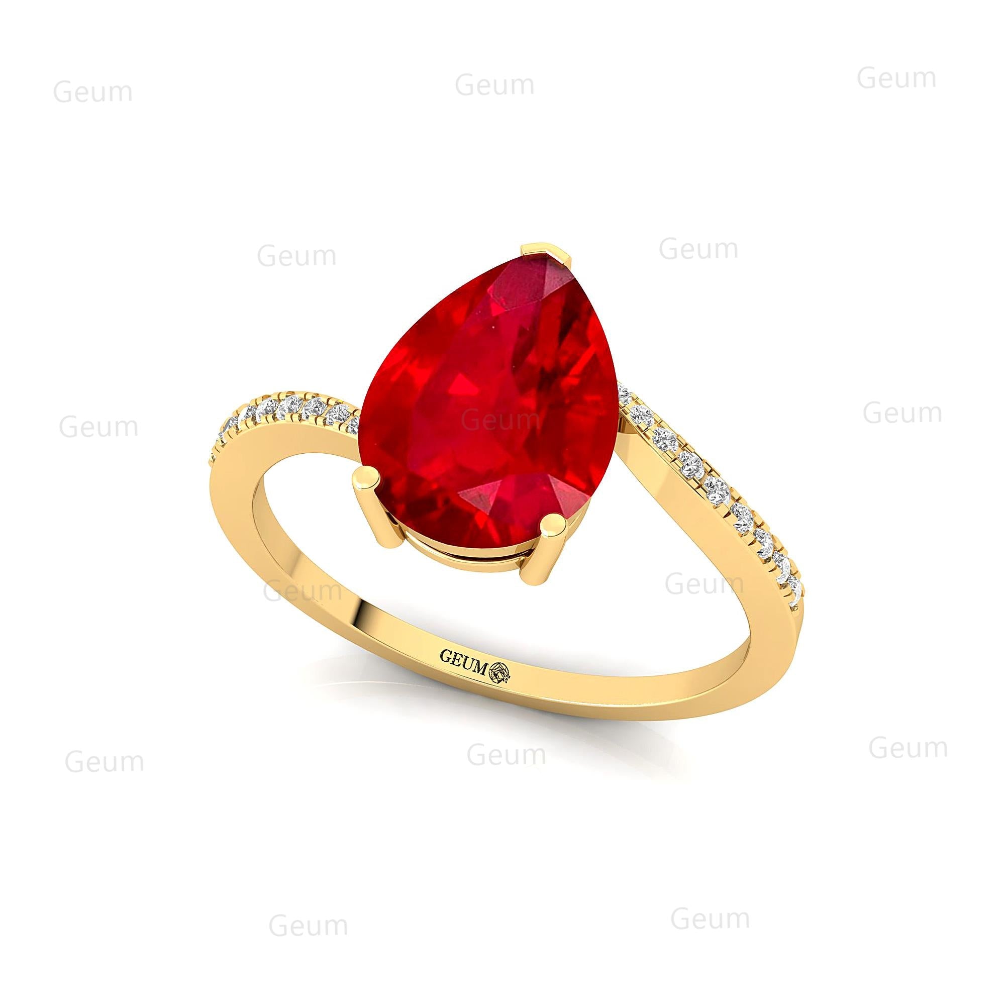 Twisted Up Down Band Pear Shaped Ruby Ring with Accent Diamonds - GeumJewels