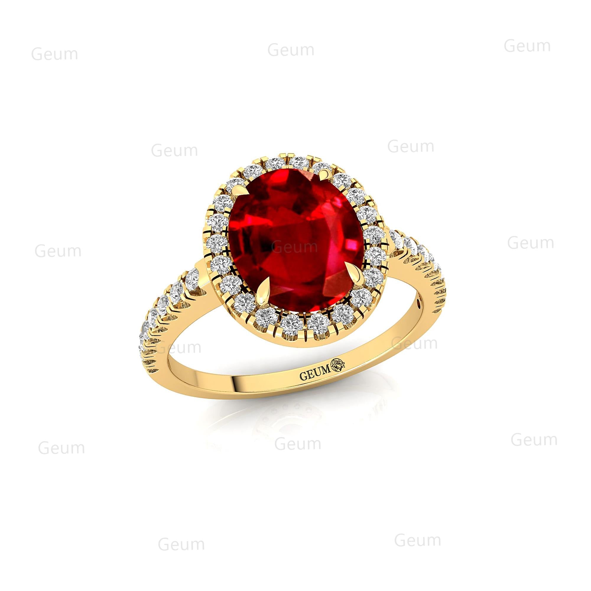 Oval Solitaire Ruby Halo Diamond Engagement Ring - GeumJewels