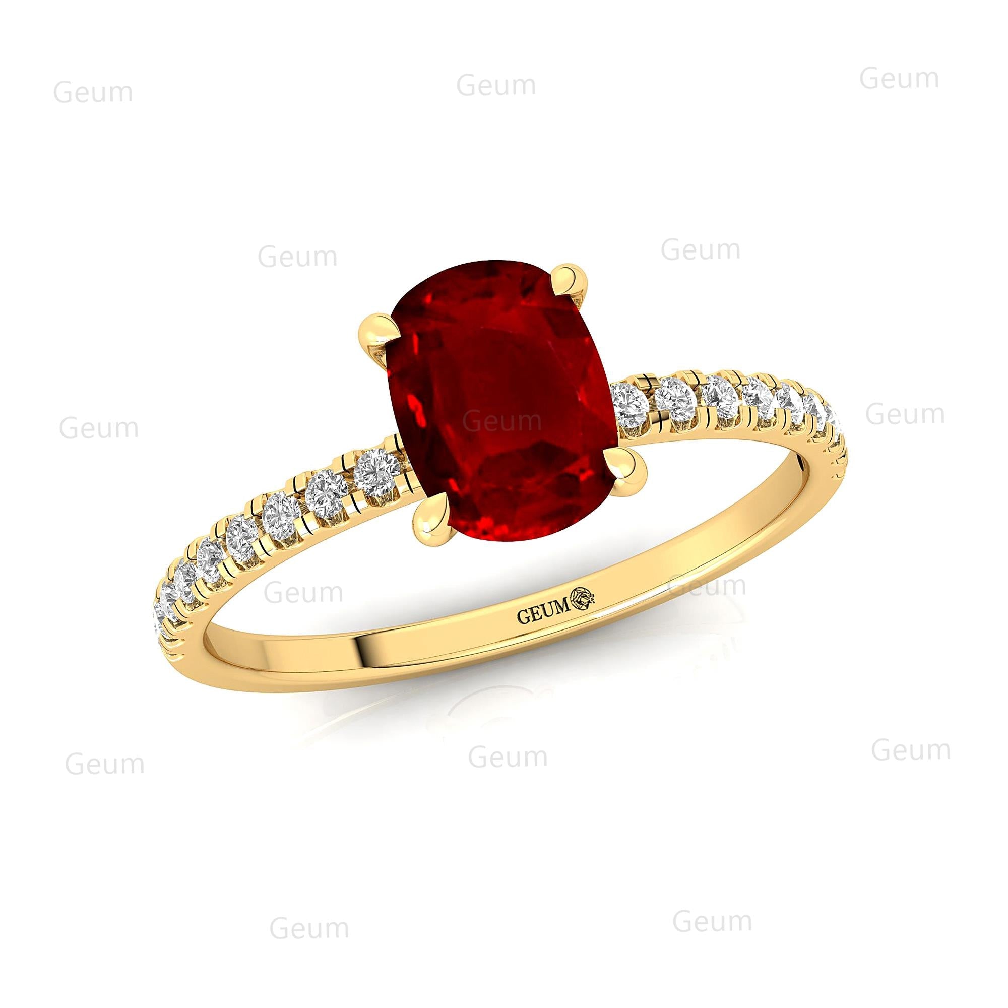Long Cushion Ruby Thin Diamond Promise Ring - GeumJewels