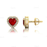 Heart Shaped Ruby Halo Diamond Stud Earrings - GeumJewels