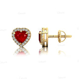 Heart Shaped Ruby Halo Diamond Stud Earrings - GeumJewels