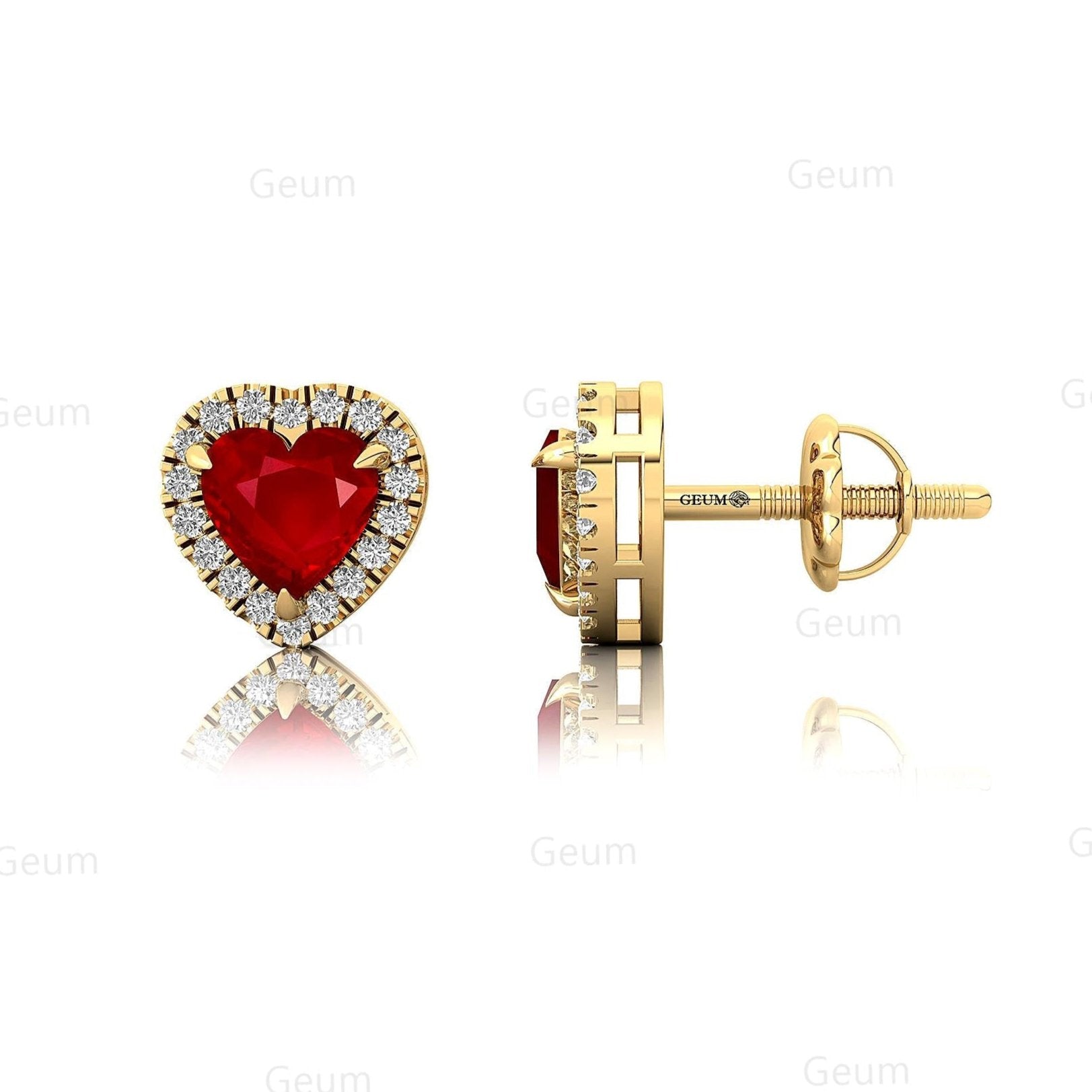 Heart Shaped Ruby Halo Diamond Stud Earrings - GeumJewels