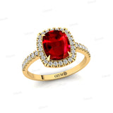 Elongated Cushion Halo Set Ruby Engagement Ring with Diamond Band - GeumJewels