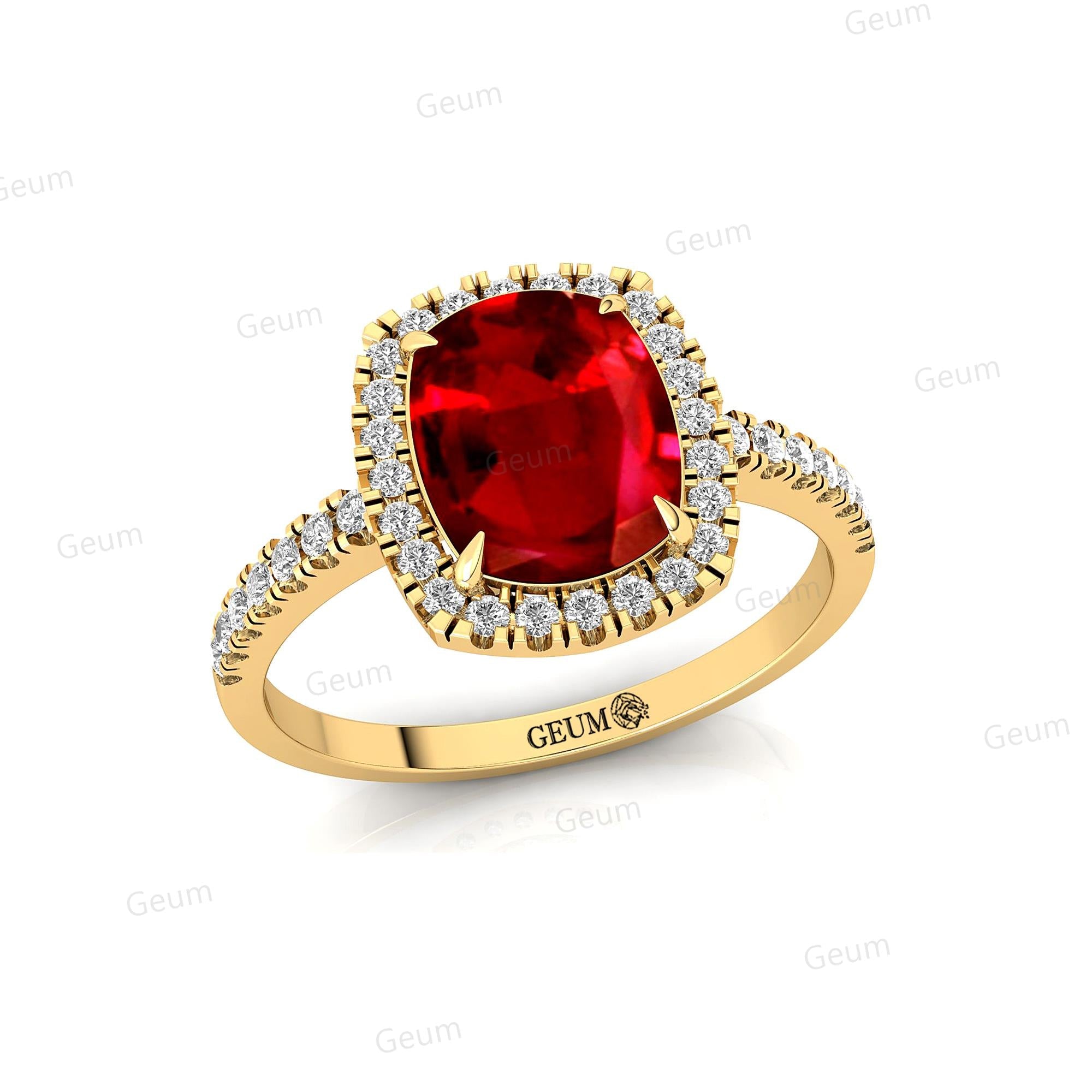 Elongated Cushion Halo Set Ruby Engagement Ring with Diamond Band - GeumJewels