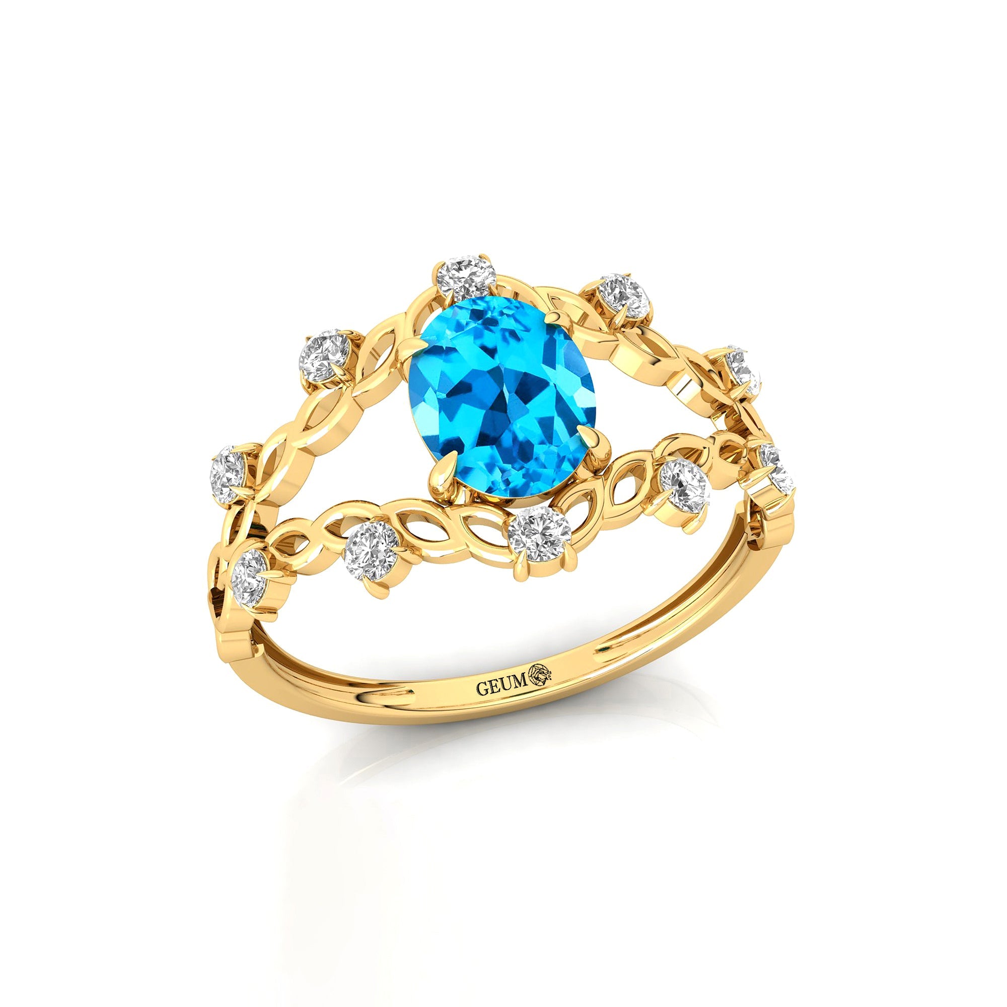 Flower Inspired Ring with Oval Shaped Swiss Blue Topaz and Accent Diamonds - GeumJewels