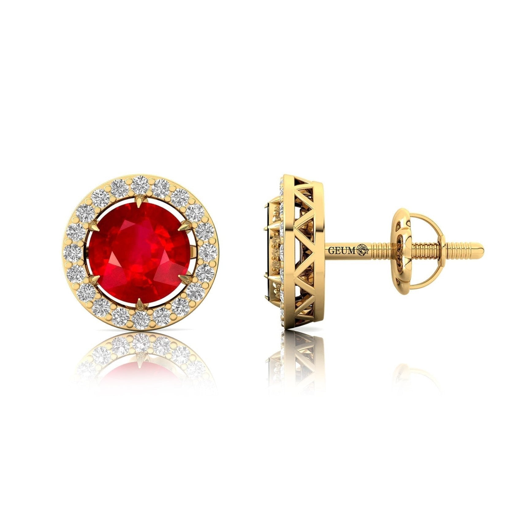 Round Solitaire Ruby Halo Diamond Stud Earrings - GeumJewels
