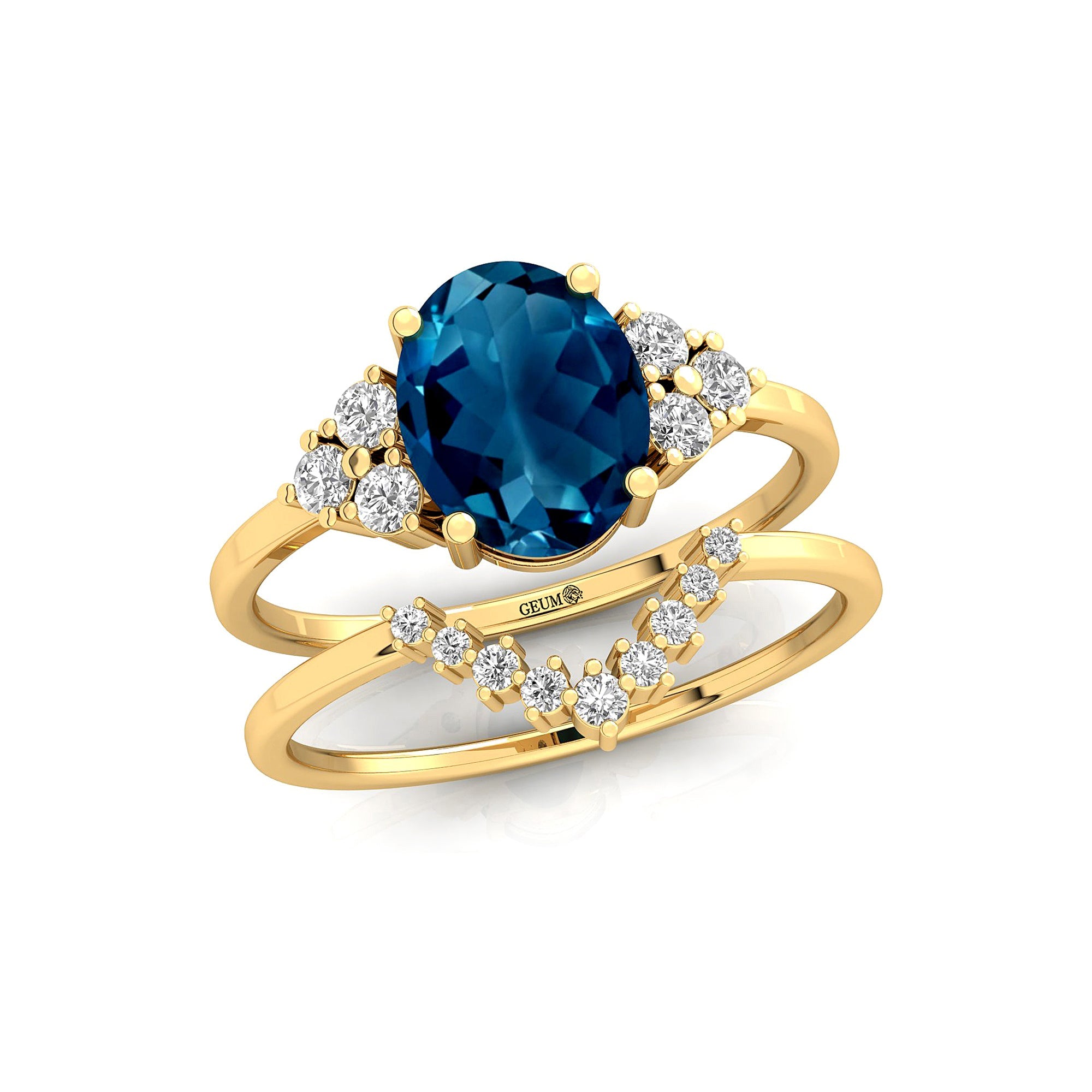 London Blue Topaz Gold Ring With Stackable Diamond Band - GeumJewels