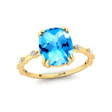Cushion Cut Swiss Blue Topaz Engagement Ring with Distant Diamond Band - GeumJewels
