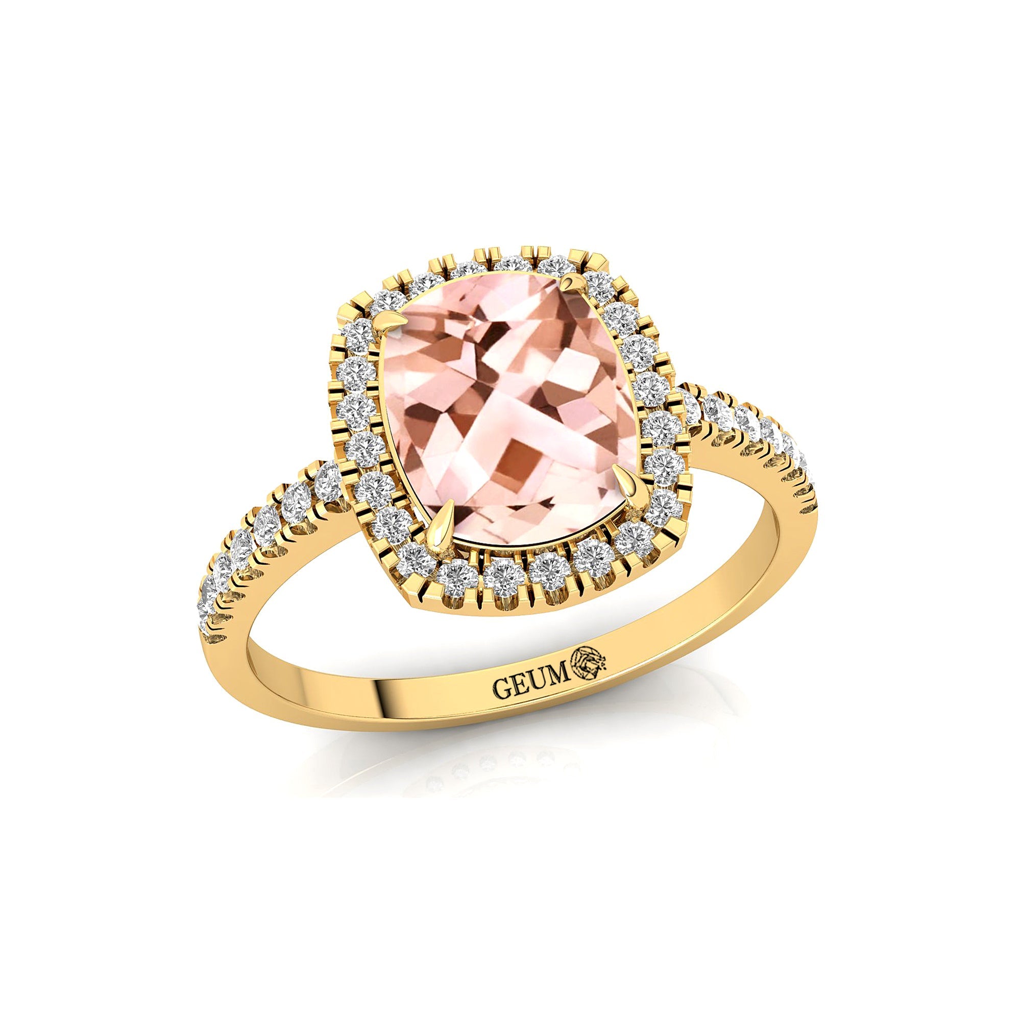Elongated Cushion Halo Set Morganite Engagement Ring with Diamond Band - GeumJewels