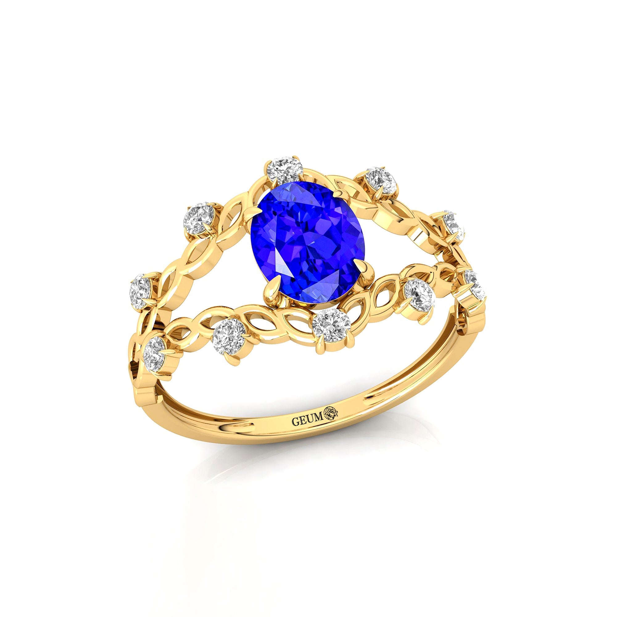 Flower Inspired Ring with Oval Shaped Tanzanite and Accent Diamonds - GeumJewels