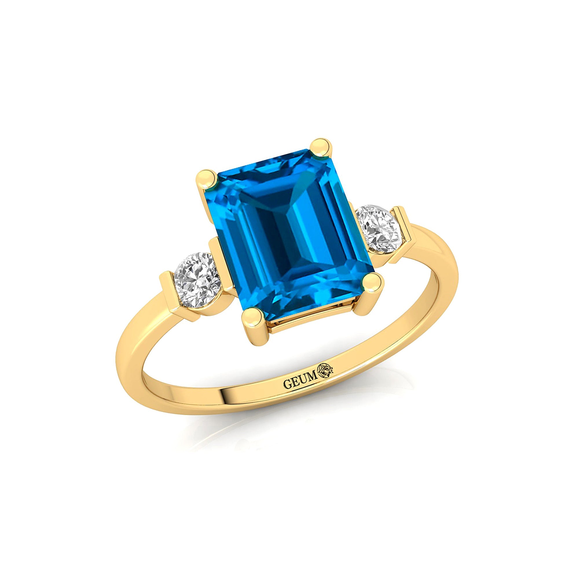 Emerald Cut Swiss Blue Topaz and Diamond Three Stone Ring - GeumJewels